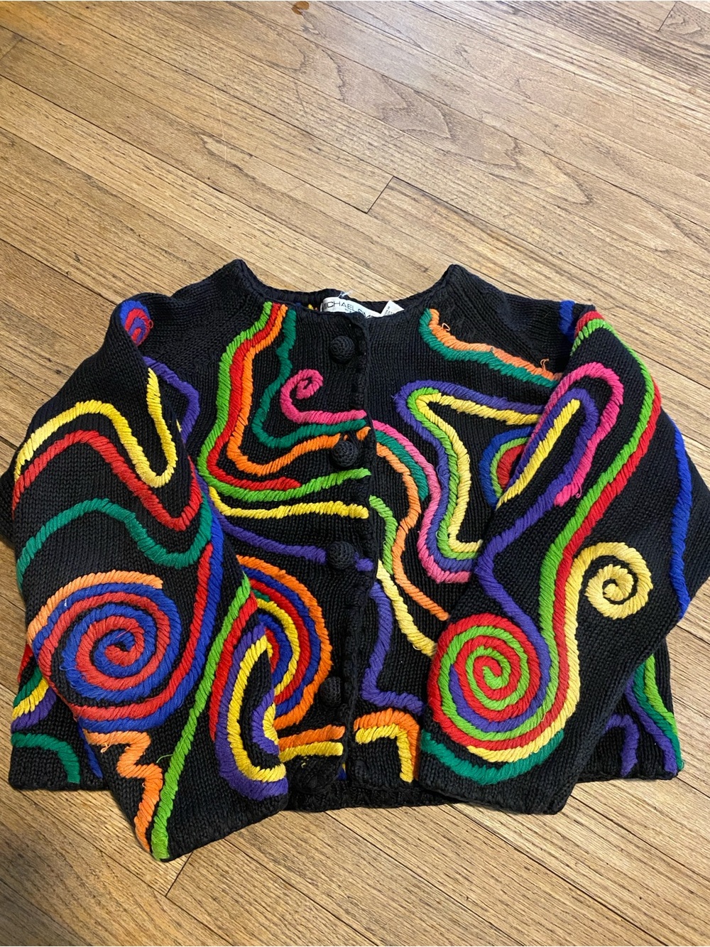Michael Simon Black Cardigan with Multicolor Swirl Embroidery